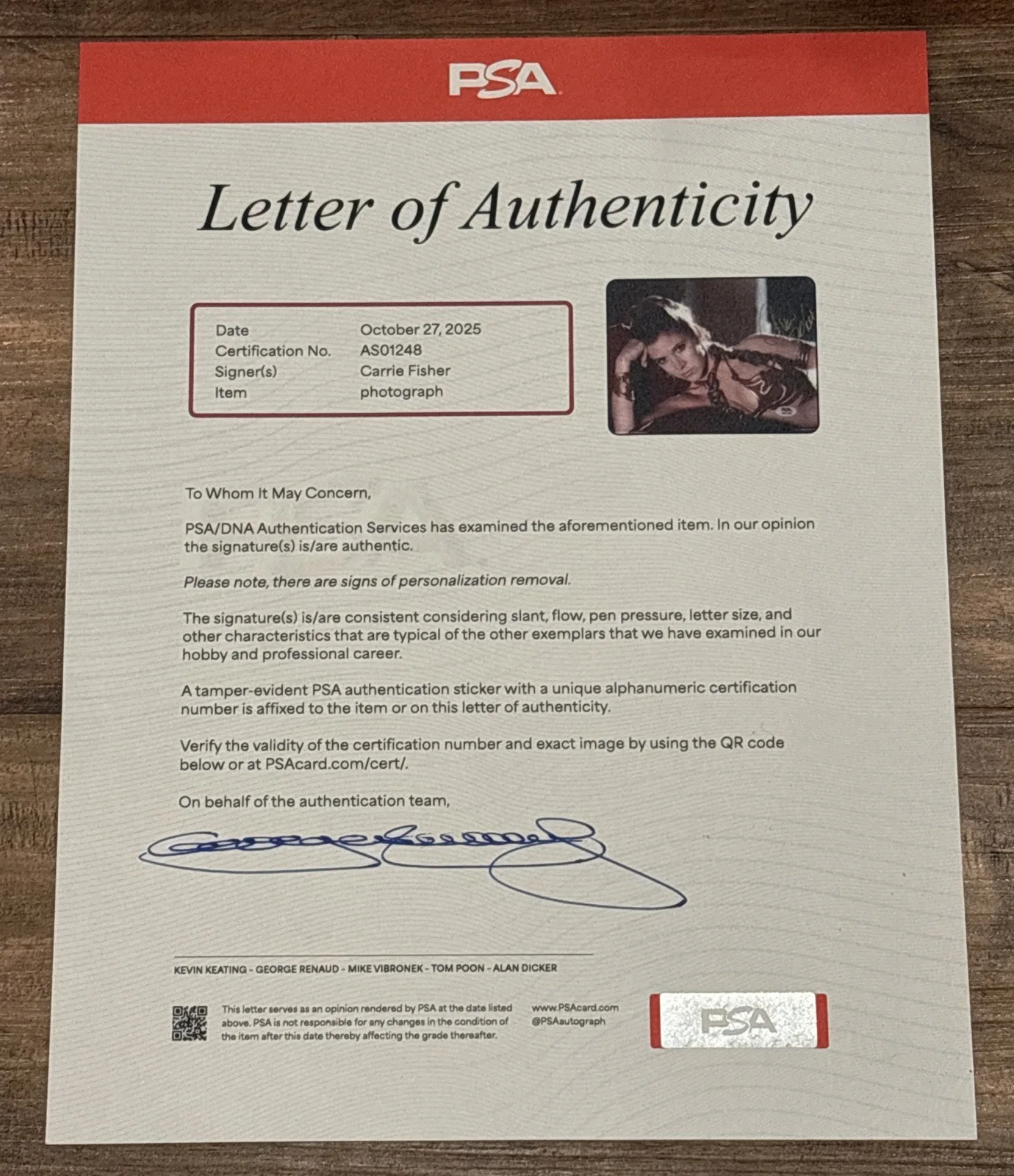 Carrie Fisher — Star Wars Carrie Fisher Slave Princess Leia Signed Photo PSA Encased Authentic, изображение 5