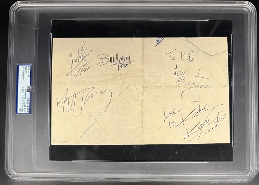 Mick Jagger, Keith Richards, Charlie Watts, Bill Wyman, Brian Jon — Rolling Stones Jagger Richards 5x Signed Autograph PSA/DNA Encapsulated Cut COA