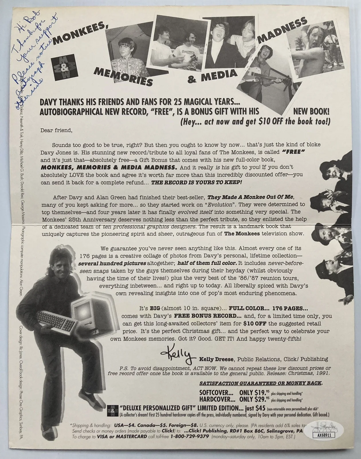 The Monkees Davy Jones Signed Autograph 8.5x11 Brochure - JSA Cert - FREE S&H!, изображение 5