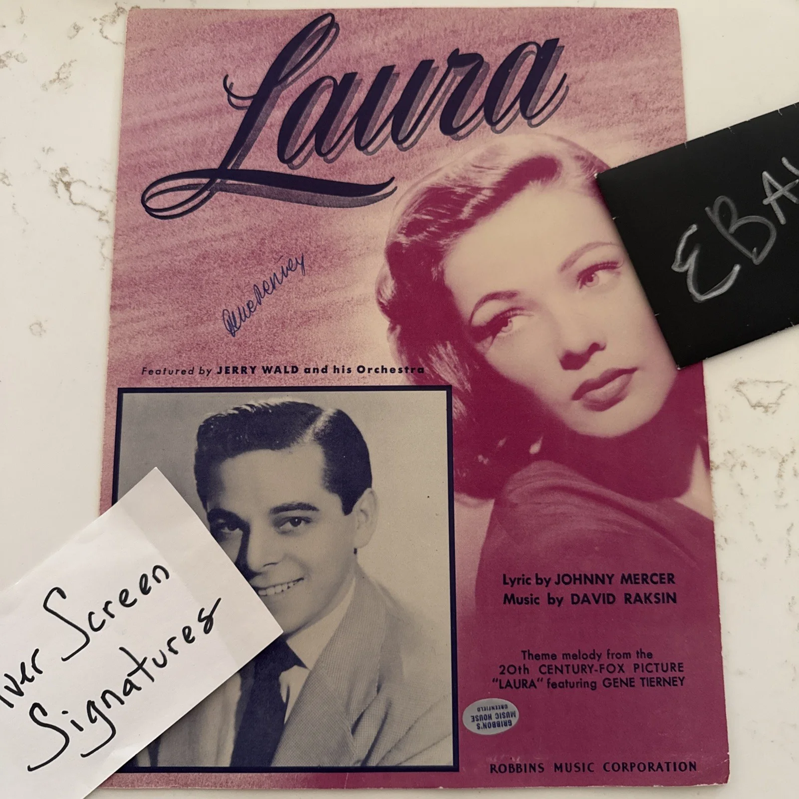Gene Tierney Autograph Signed Sheet Music JSA COA #1 Laura, image 2