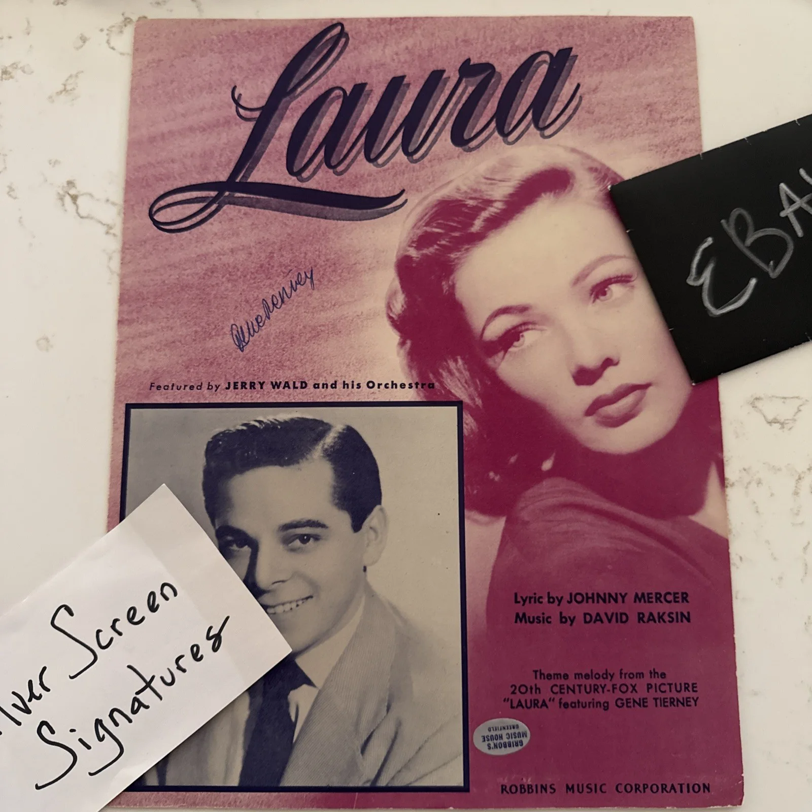 Gene Tierney Autograph Signed Sheet Music JSA COA #1 Laura, image 3