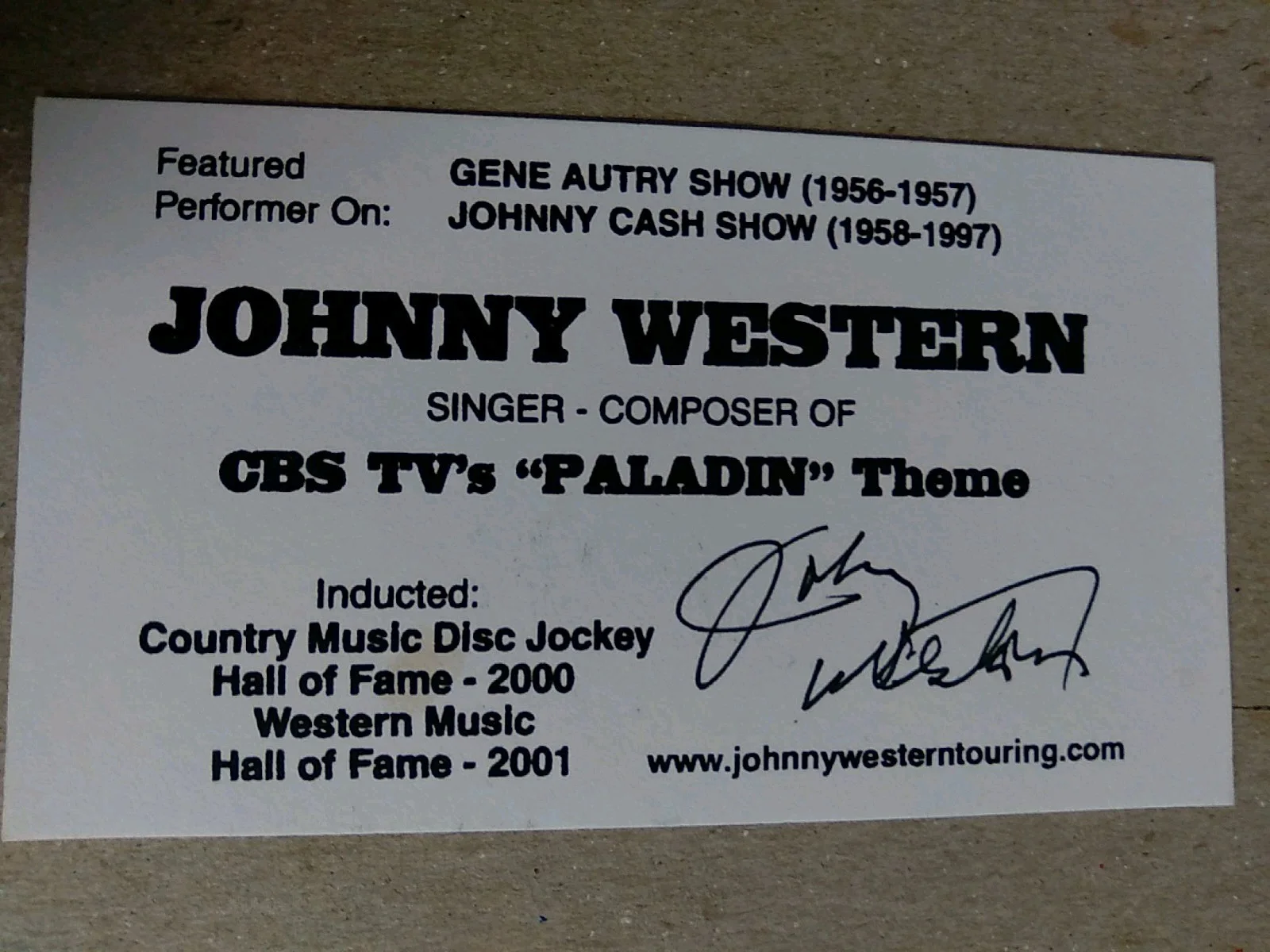 Johnny Western Signed Business Card, image 2