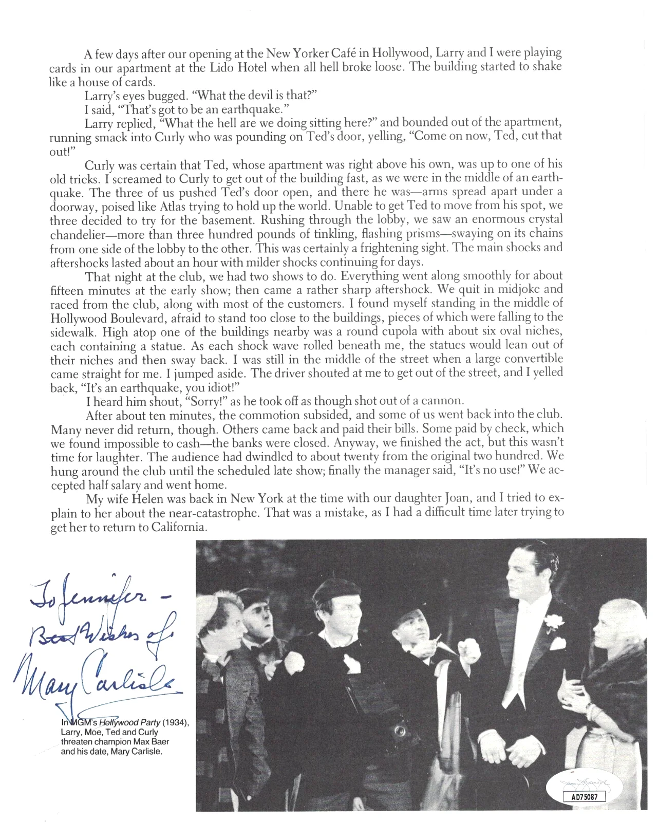 Mary Carlisle — MARY CARLISLE JSA Autographed Photo w/The Three 3 Stooges FREE SHIPPING! not PSA