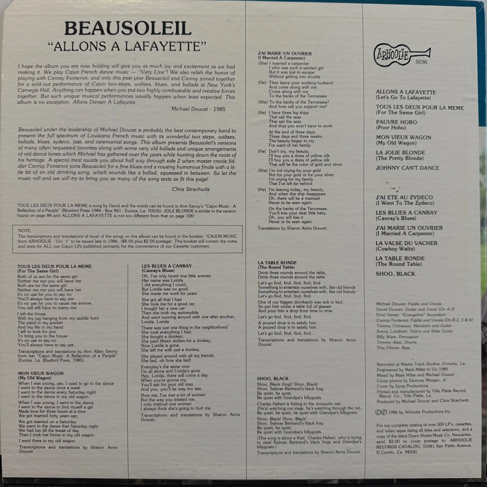 AUTOGRAPHED- BEAUSOLEIL (Michael Doucet) "Allons A Lafayette" vinyl LP 5036 USA, image 3
