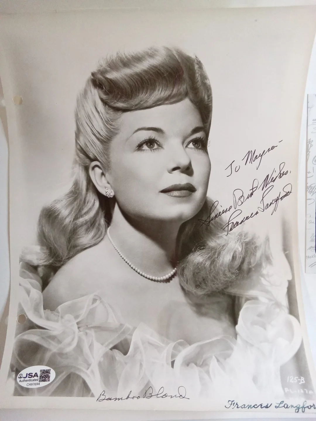 Frances Langford USO WWII Legend Signed 8x10 Photo JSA, image 2