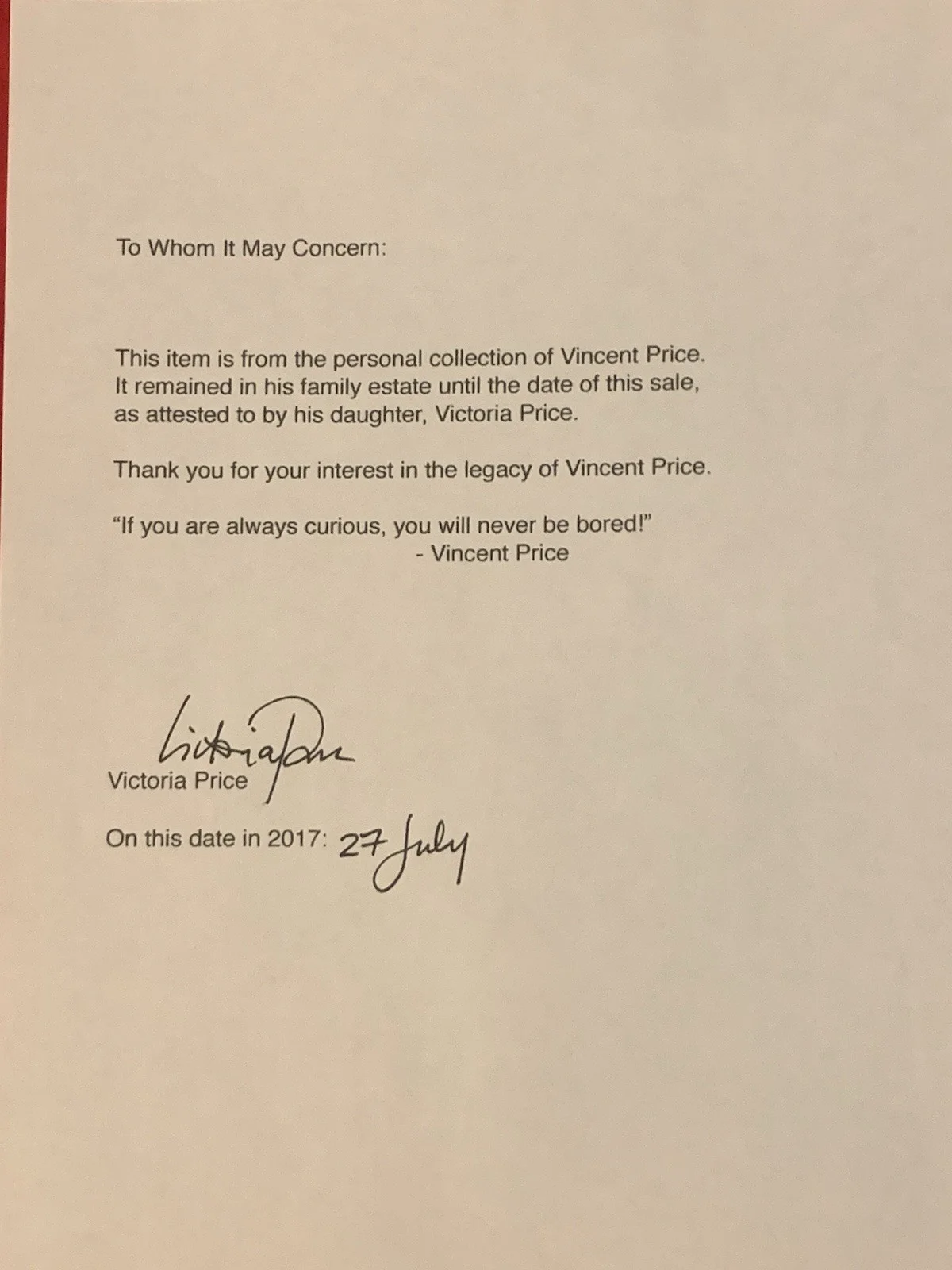 Vincent Price — Vincent Price Estate Dinner Place Cards Handwritten by Vincent Hedda Hopper. 12d, image 2