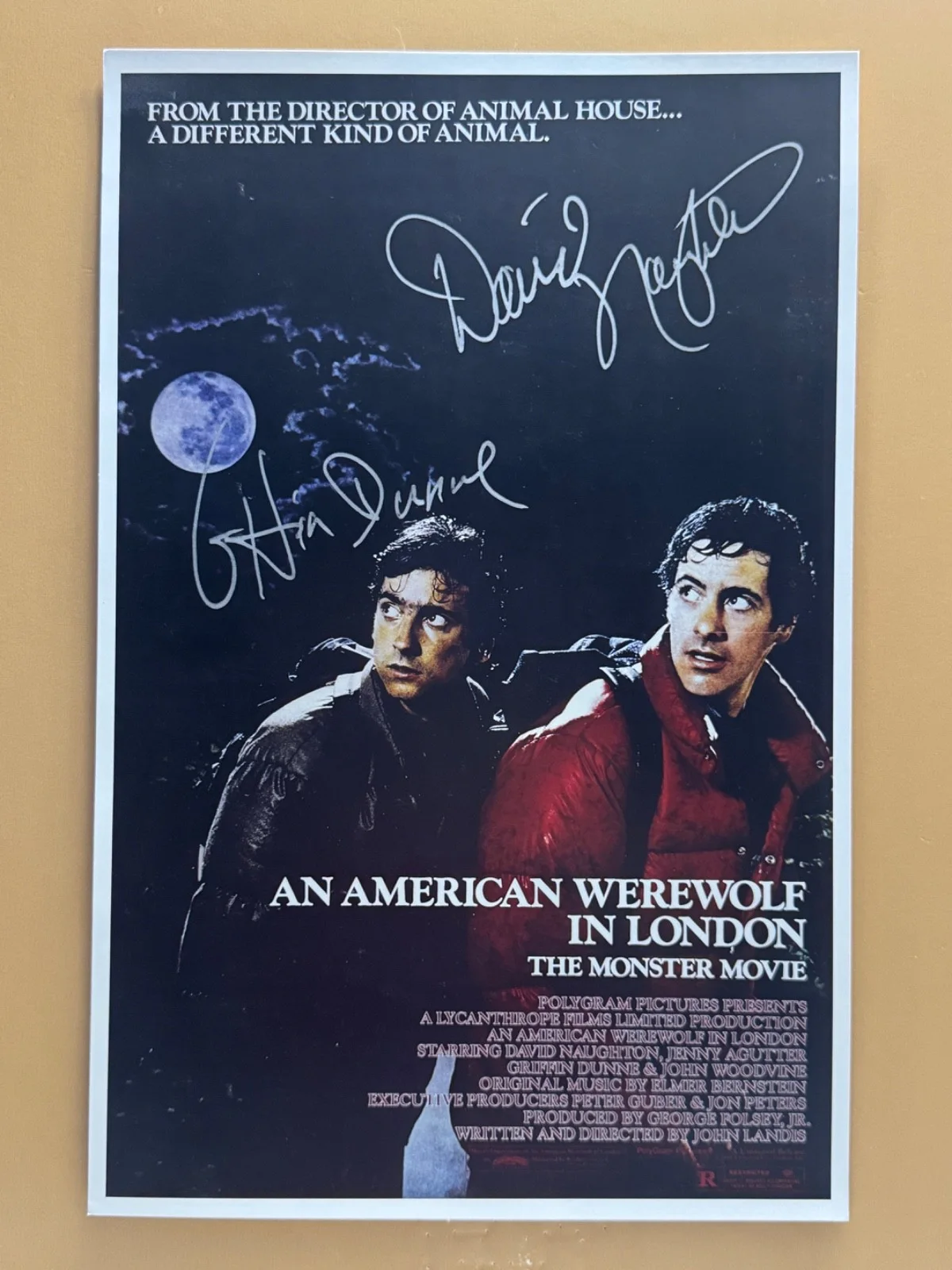 David Naughton and Griffin Dunne — SIGNED AN AMERICAN WEREWOLF IN LONDON 11x17 Movie Poster COA by 2 of the actors