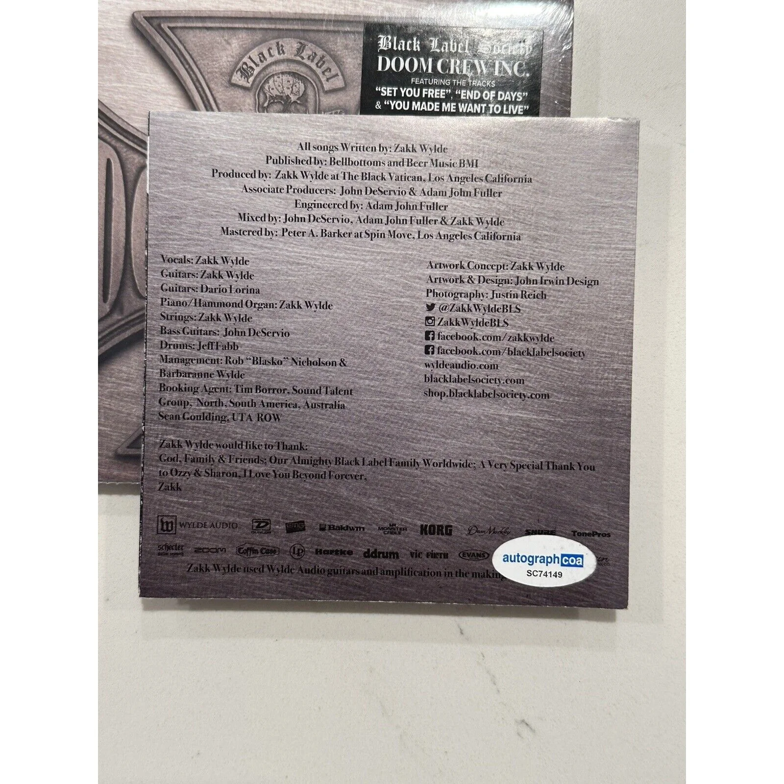 Black Label Society Autographed Doom Crew Inc. CD SIGNED ACOA COA #1, image 2