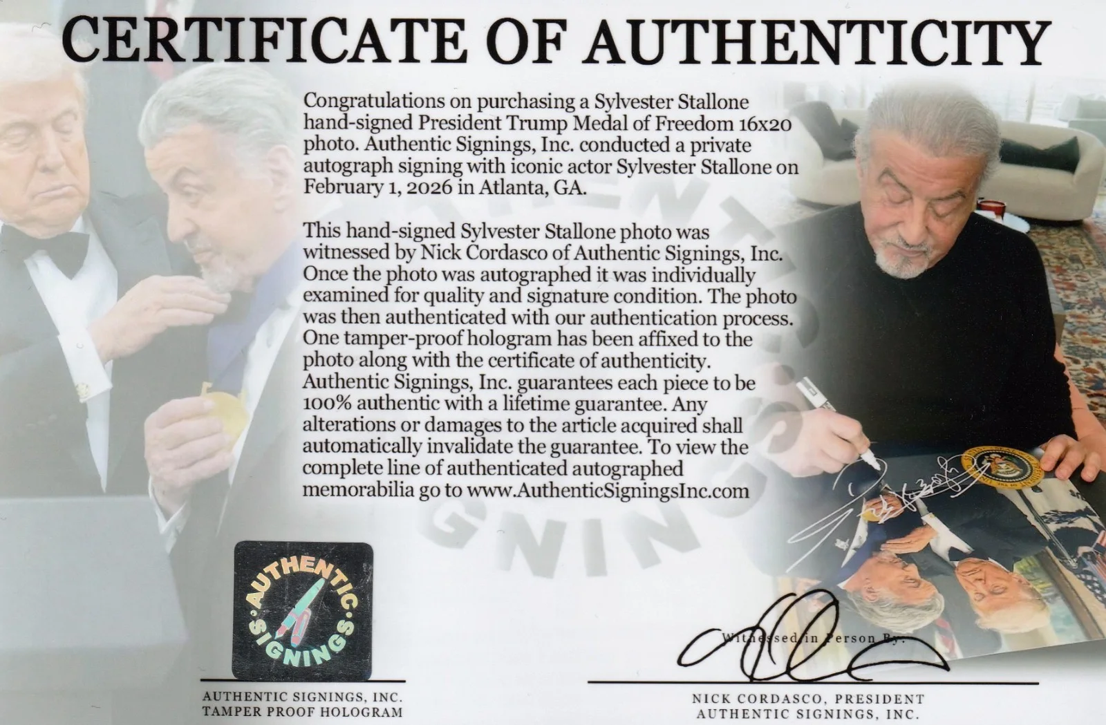 Sylvester Stallone — Sylvester Stallone Autographed 16x20 Photo w/ President Donald Trump ASI Proof, изображение 2