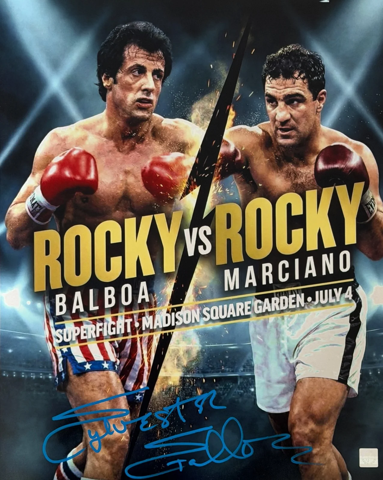 Sylvester Stallone — Sylvester Stallone Autographed w/ Rocky Marciano VS ROCKY" 16x20 Photo ASI Proof