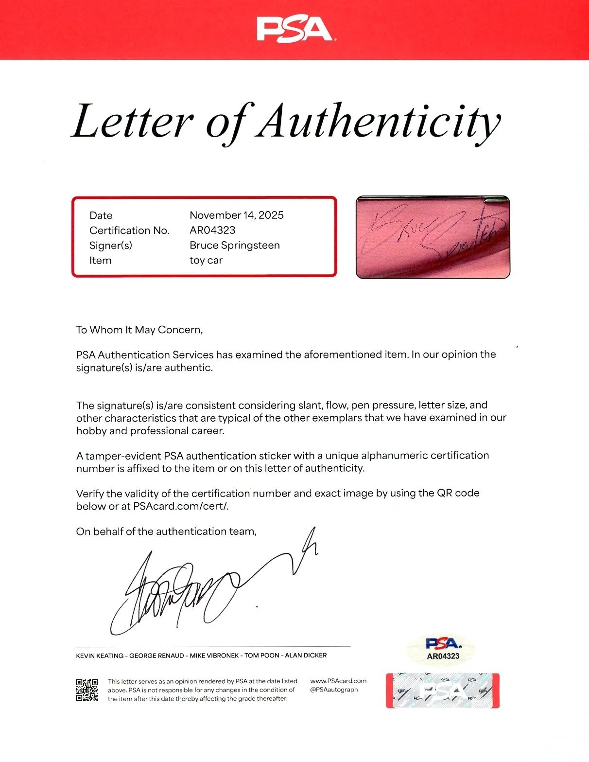 Bruce Springsteen — Bruce Springsteen PSA DNA Loa Signed Pink Cadillac 1:18 1959 Toy Car Autograph, image 3