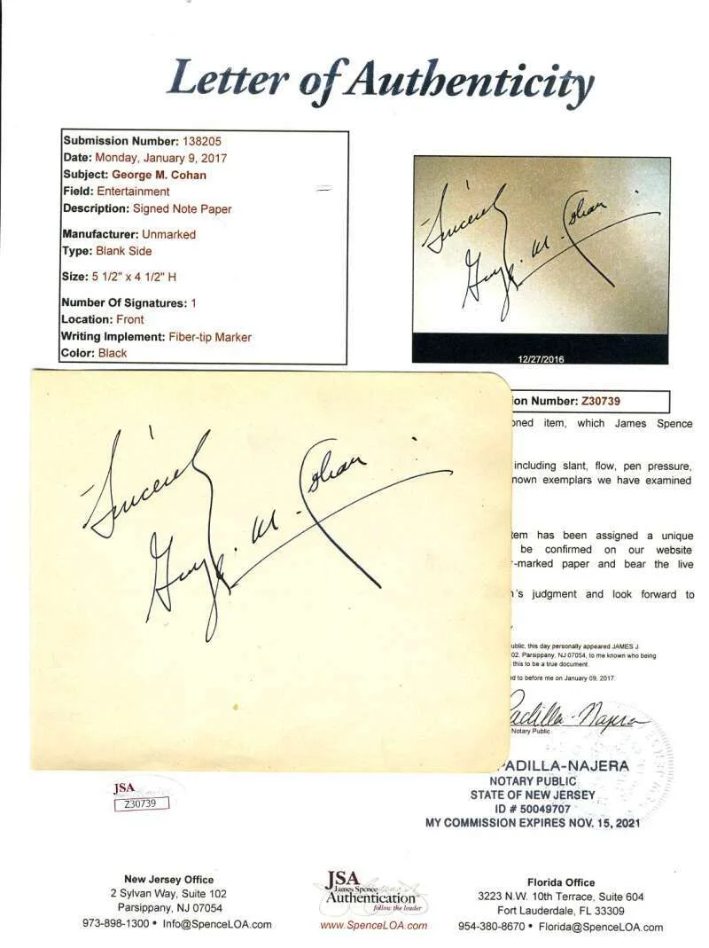 George M Cohan — George M Cohan JSA Coa Signed Album Page Autograph
