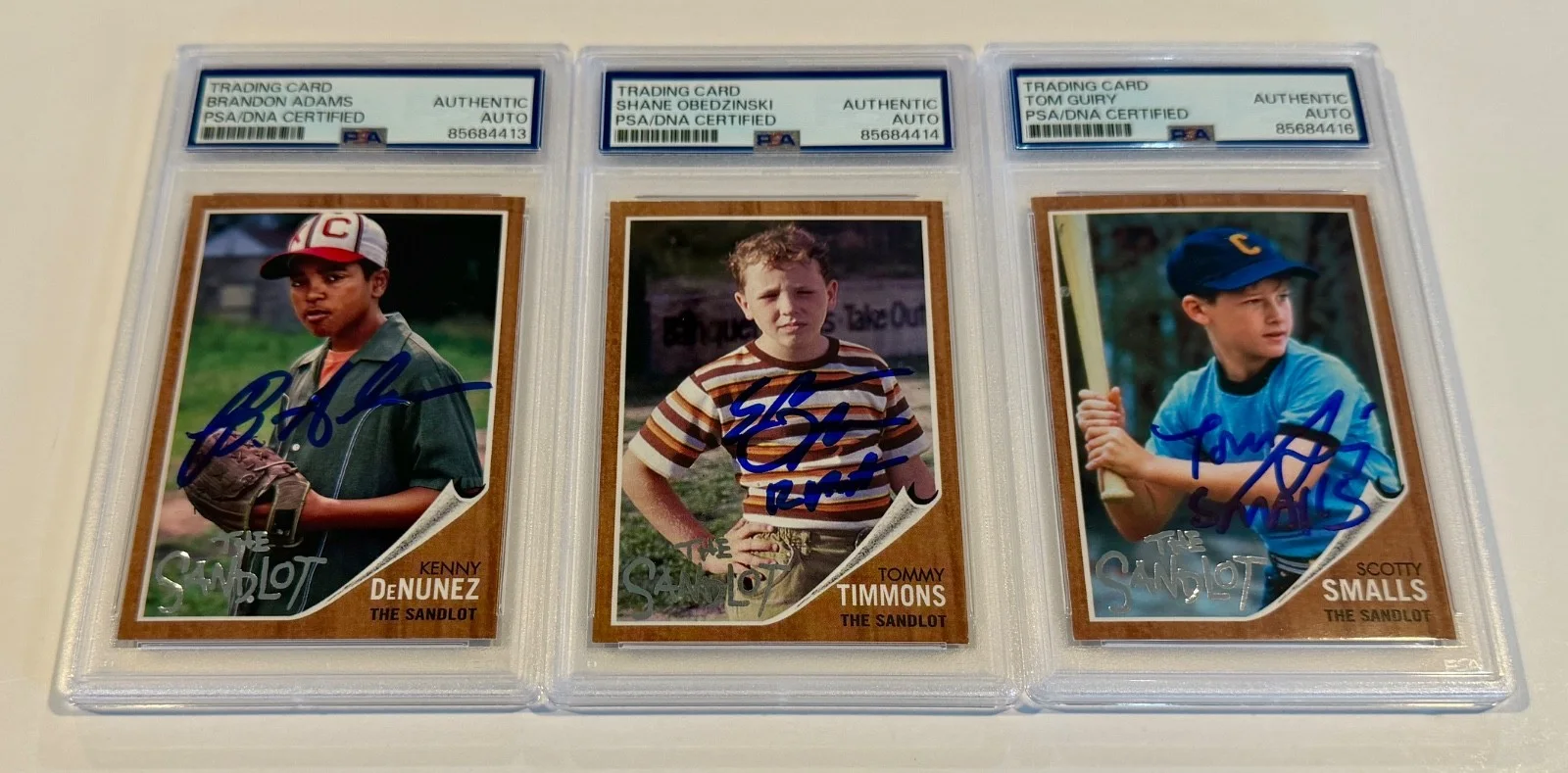 Shane Obedzinski, Tom Guiry & Brandon Adams — 2008 Topps The Sandlot Adams Tom Guiry Obedzinski Signed 3 Card LOT PSA DNA