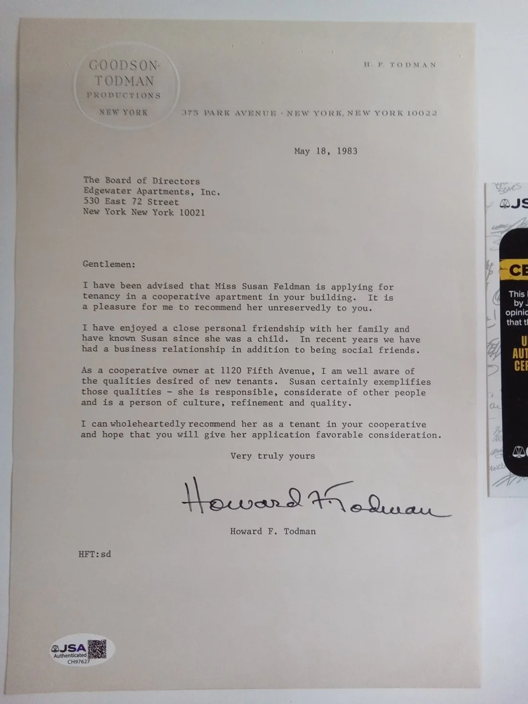 Howard Todman — Howard Todman Signed Letterhead Goodson-Todman TV Producer JSA, image 2