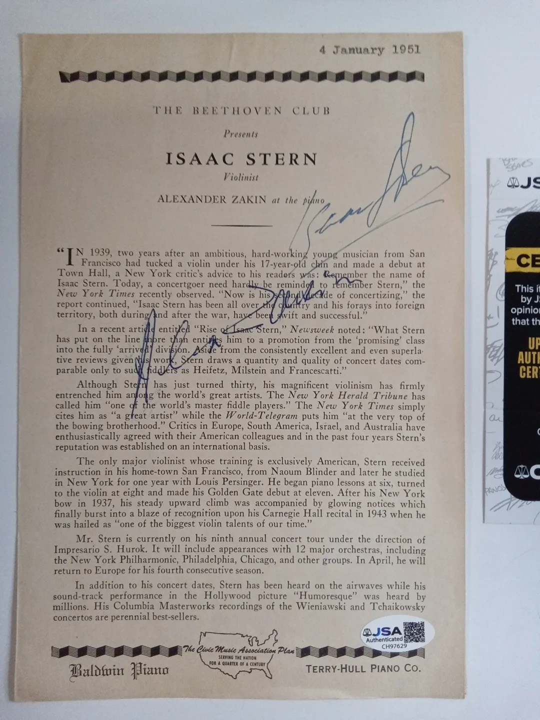 Isaac Stern & Alexander Zakin Signed Concert Program JSA Authenticated, image 2