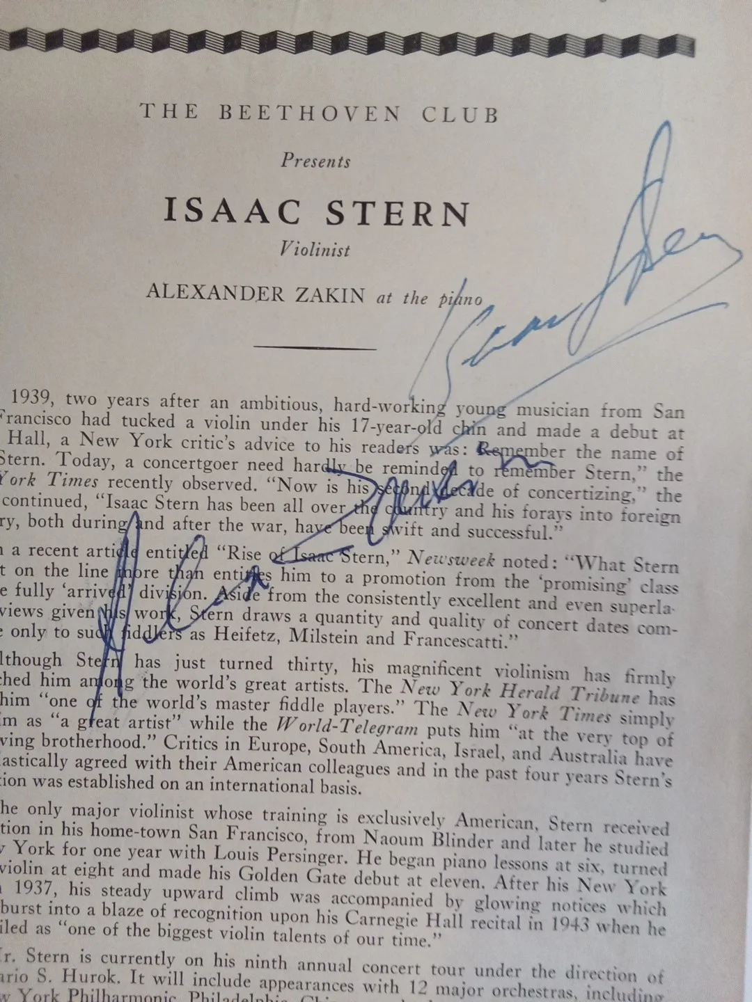 Isaac Stern & Alexander Zakin Signed Concert Program JSA Authenticated, image 3