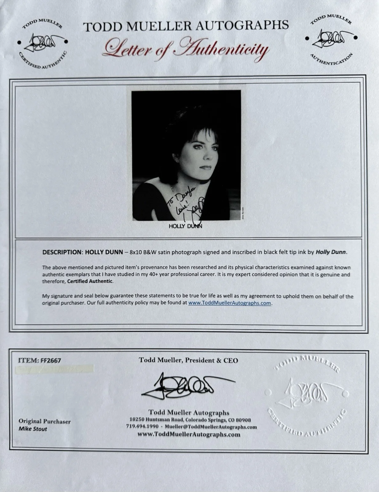 Holly Dunn Signed 8x10 Photo Mueller COA Country Music Singer Songwriter ￼, изображение 2