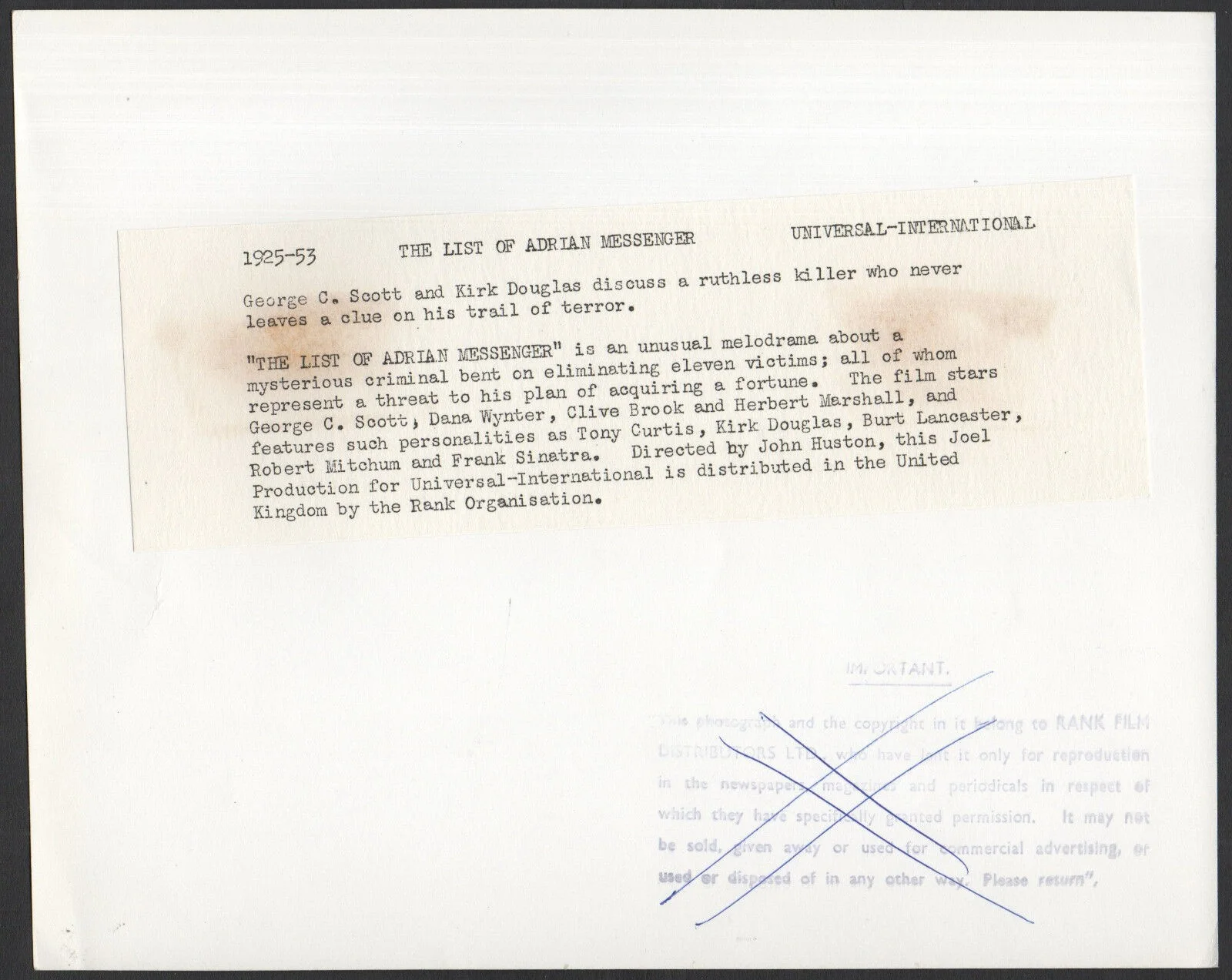 LIST OF ADRIAN MESSENGER 1963 George C. Scott, Kirk Douglas STILL #53, image 2