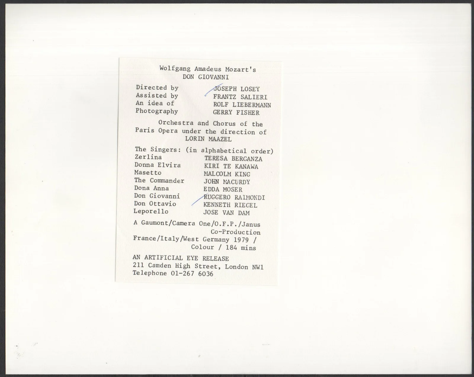 DON GIOVANNI 1976 Joseph Losey, Kenneth Riegel 10x8 STILL, изображение 2