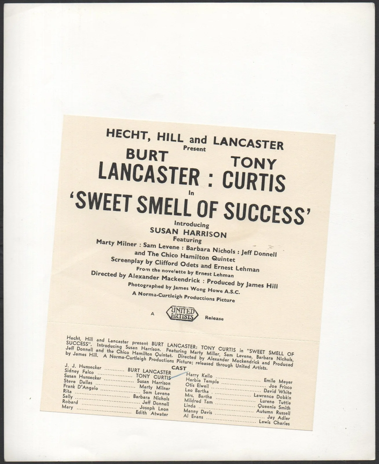 SWEET SMELL OF SUCCESS 1957 Alexander Mackendrick, Tony Curtis 10x8 STILL, изображение 2