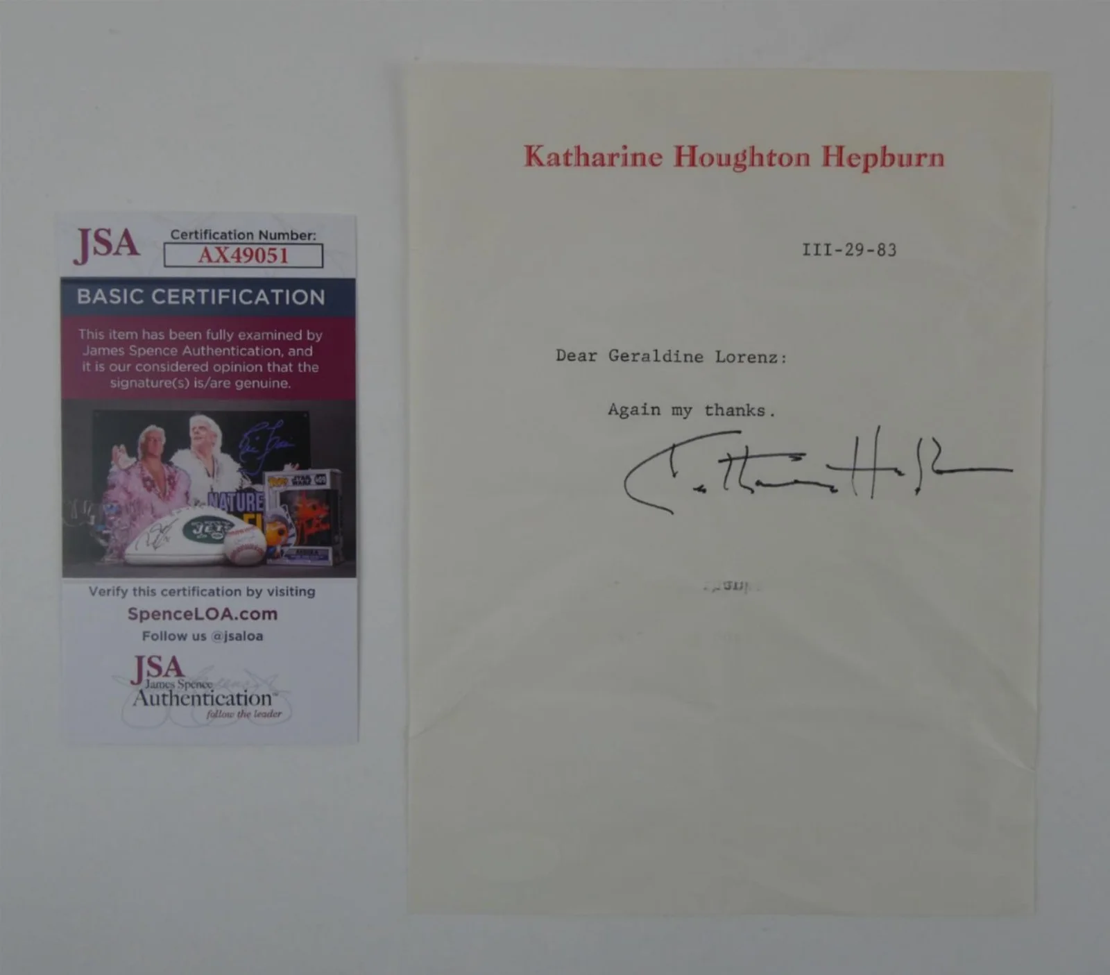 Katherine Hepburn — Katharine Hepburn Signed Typed Letter TLS Autographed 6x8 w/ Envelope, JSA COA