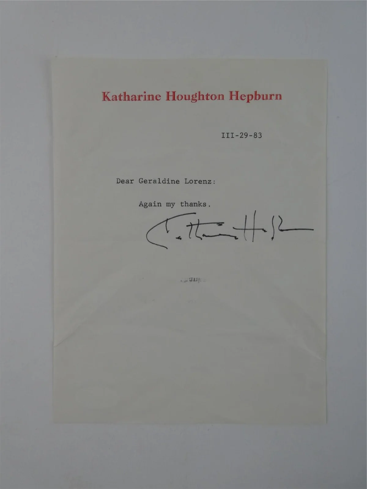 Katherine Hepburn — Katharine Hepburn Signed Typed Letter TLS Autographed 6x8 w/ Envelope, JSA COA, image 2