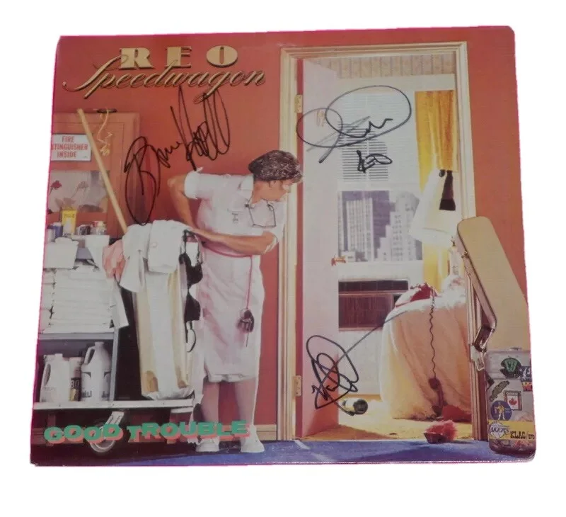 REO SPEEDWAGON x3 SIGNED GOOD TROUBLE VINYL LP *EXACT PROOF*, image 2