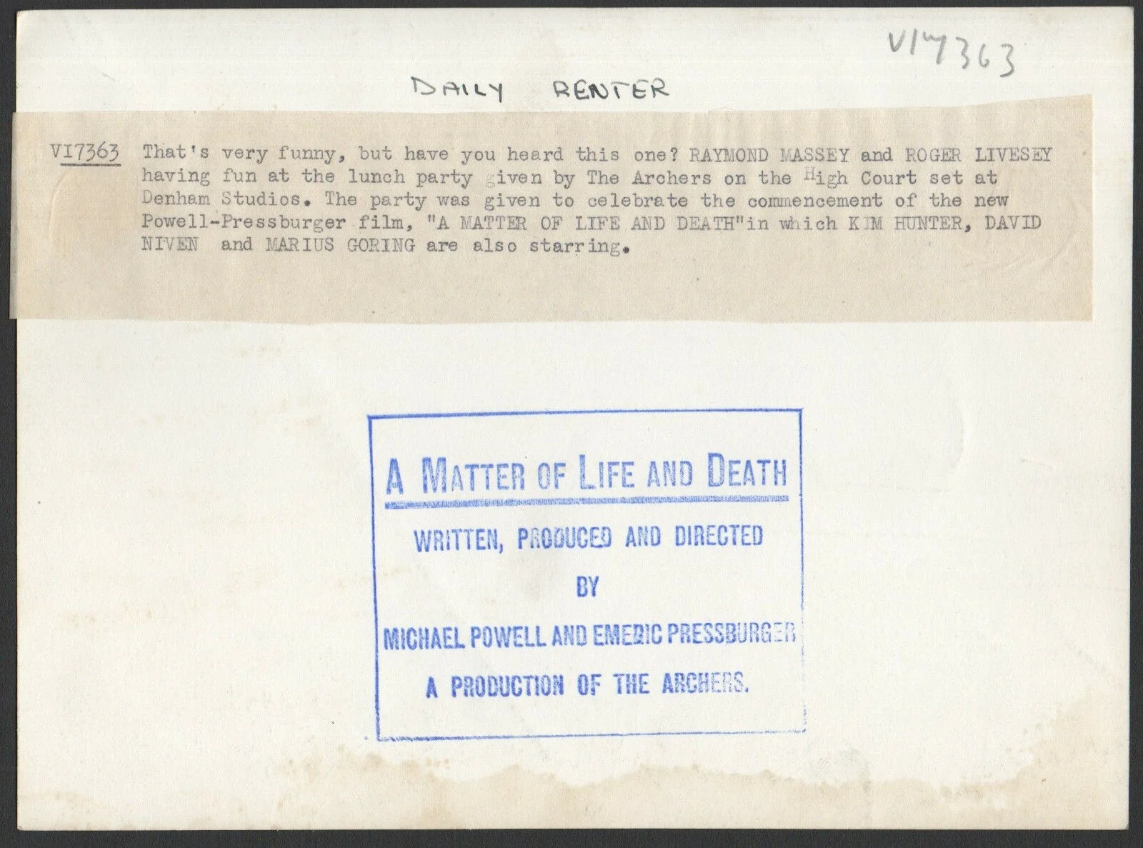 A MATTER OF LIFE AND DEATH 1946 Raymond Massey, Roger Livesey STILL, изображение 2