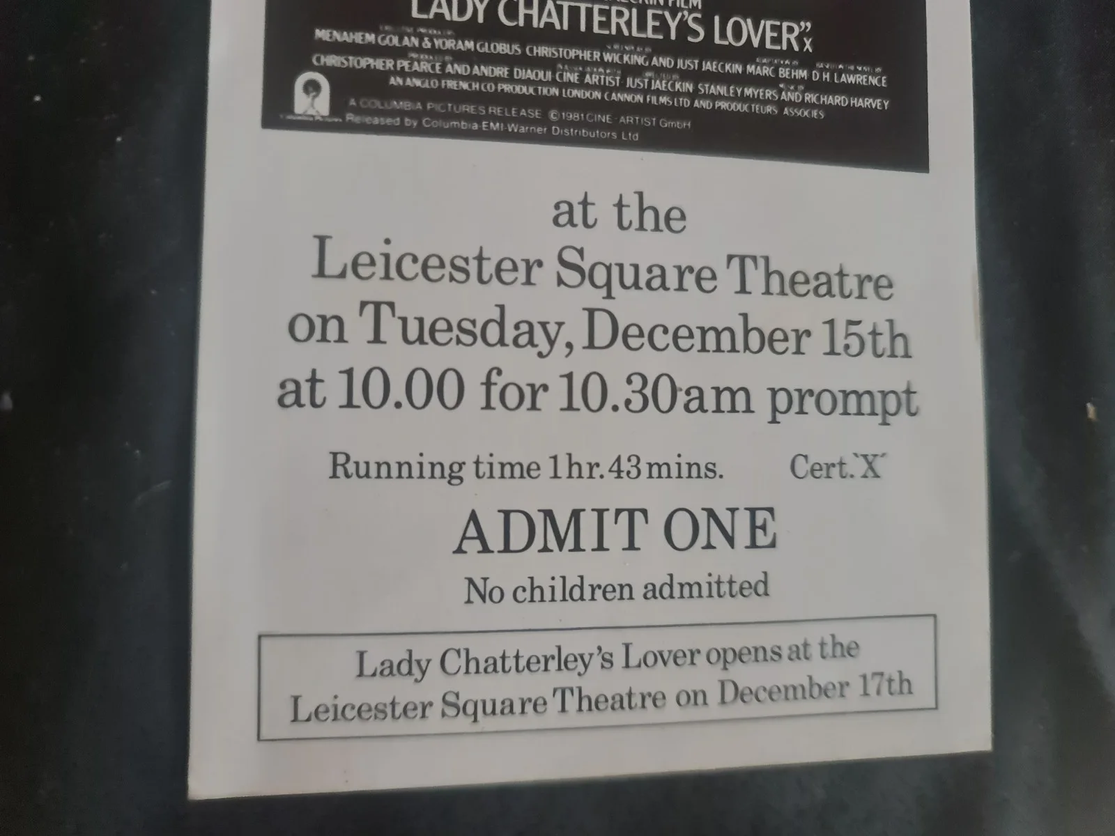Lady Chatterley’s Lover Press Show Ticket | Leicester Square | Columbia UK, изображение 4