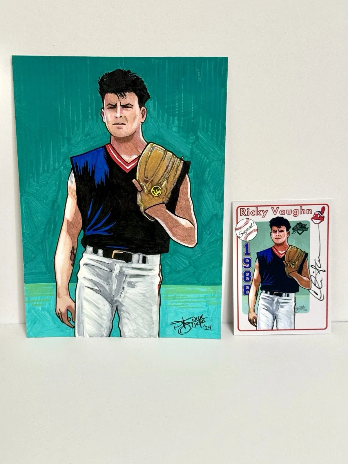 Charlie Sheen — Charlie Sheen Signed Custom Trading Cards Ricky Wild Thing Vaughn W/Original Art, image 2