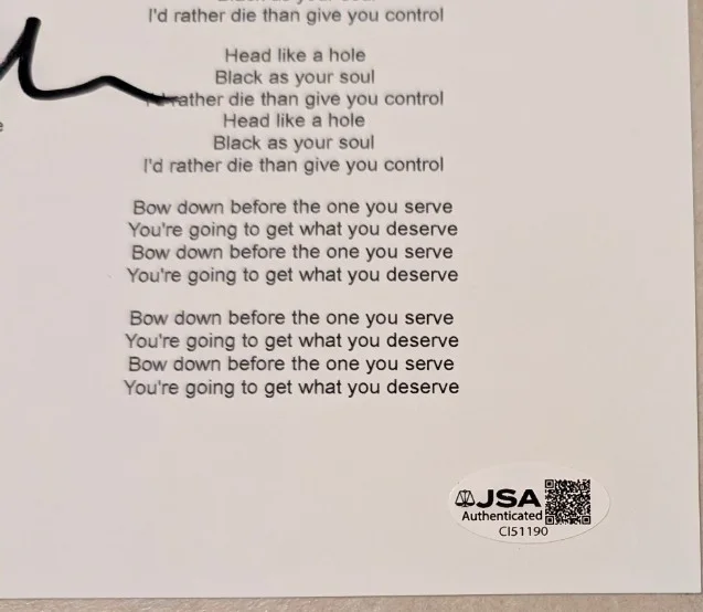 TRENT REZNOR signed LYRIC SHEET Nine Inch Nails JSA coa Head Like a HOLE, image 2