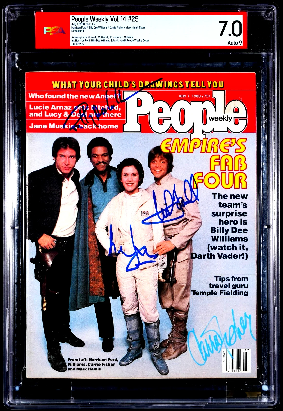 Carrie Fisher, Harrison Ford, Mark Hamill, Billy Dee Williams — HARRISON FORD, FISHER, HAMILL, BILLY DEE Signed People Magazine PSA 7.0 Auto 9