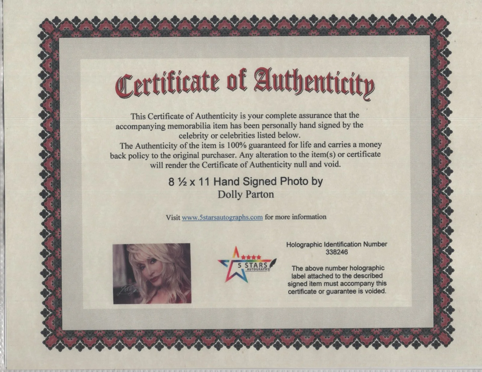 DOLLY PARTON HAND SIGNED 8 1/2 X 11 STUNNING COLOR PHOTO / COA, image 2