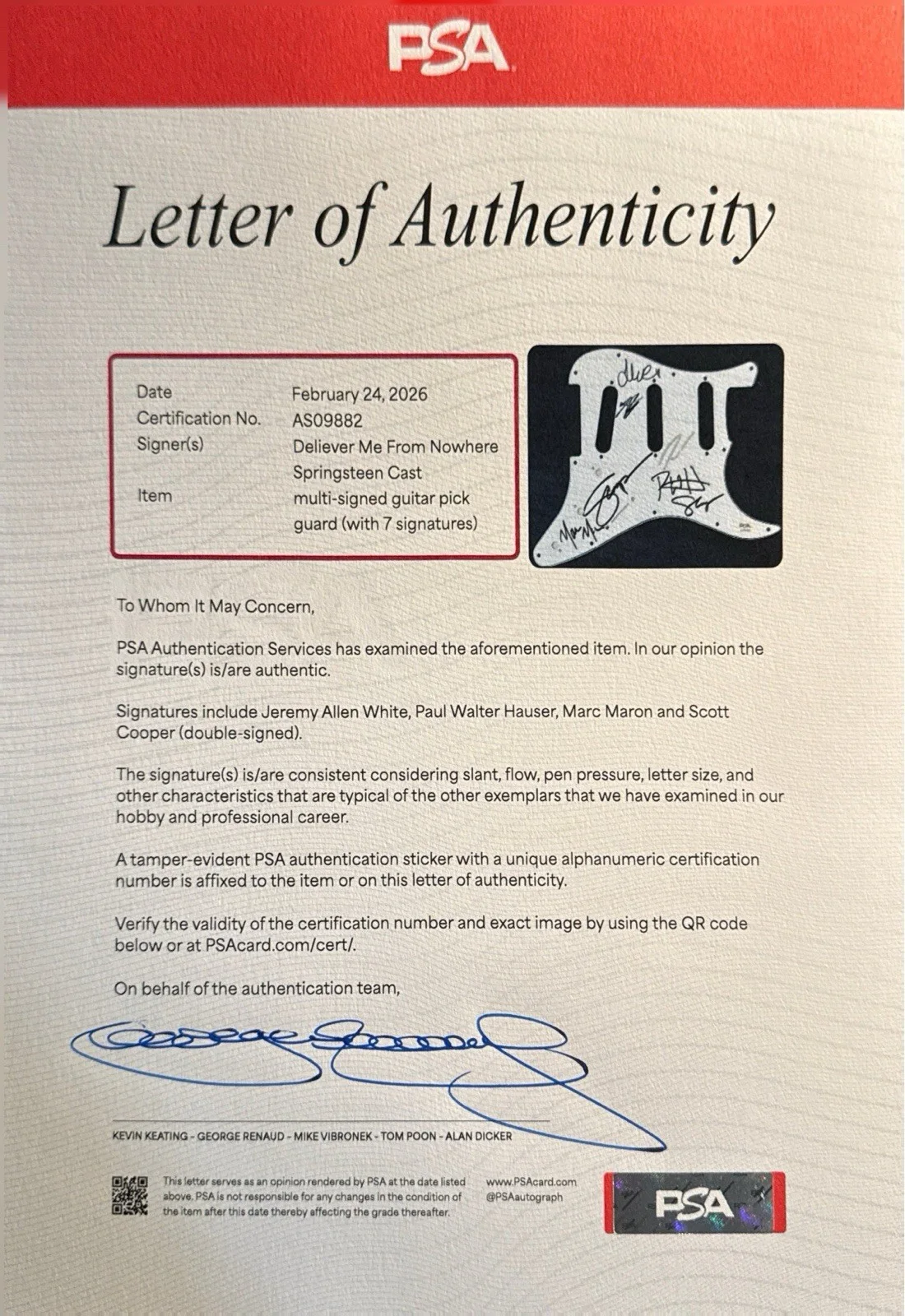 Jeremy Allen White — Jeremy Allen White + 3 Autos Signed Guitar Pickguard Springsteen Movie PSA, изображение 3