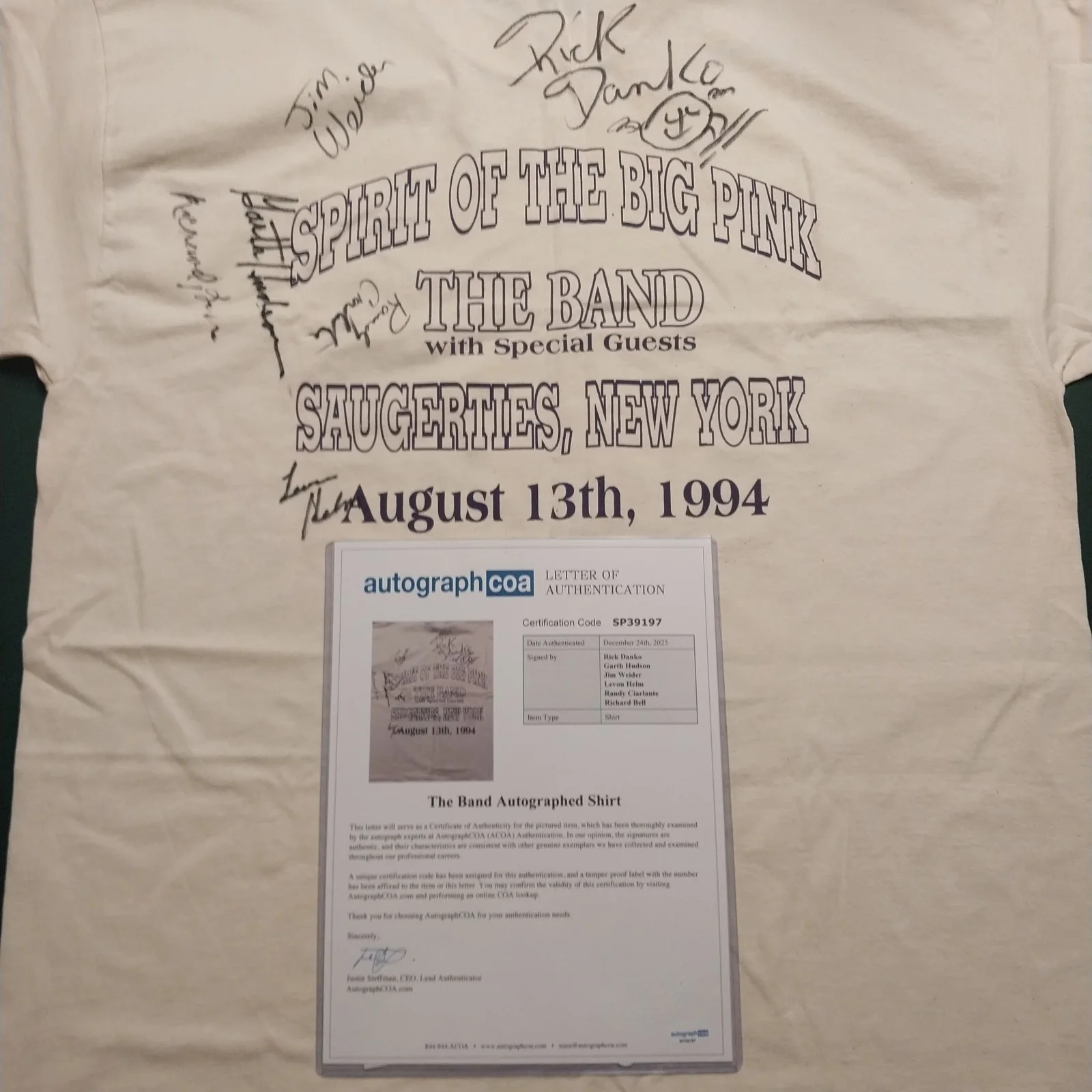 THE BAND signed concert T-shirt with COA Levon Helm, Rick Danko, image 4