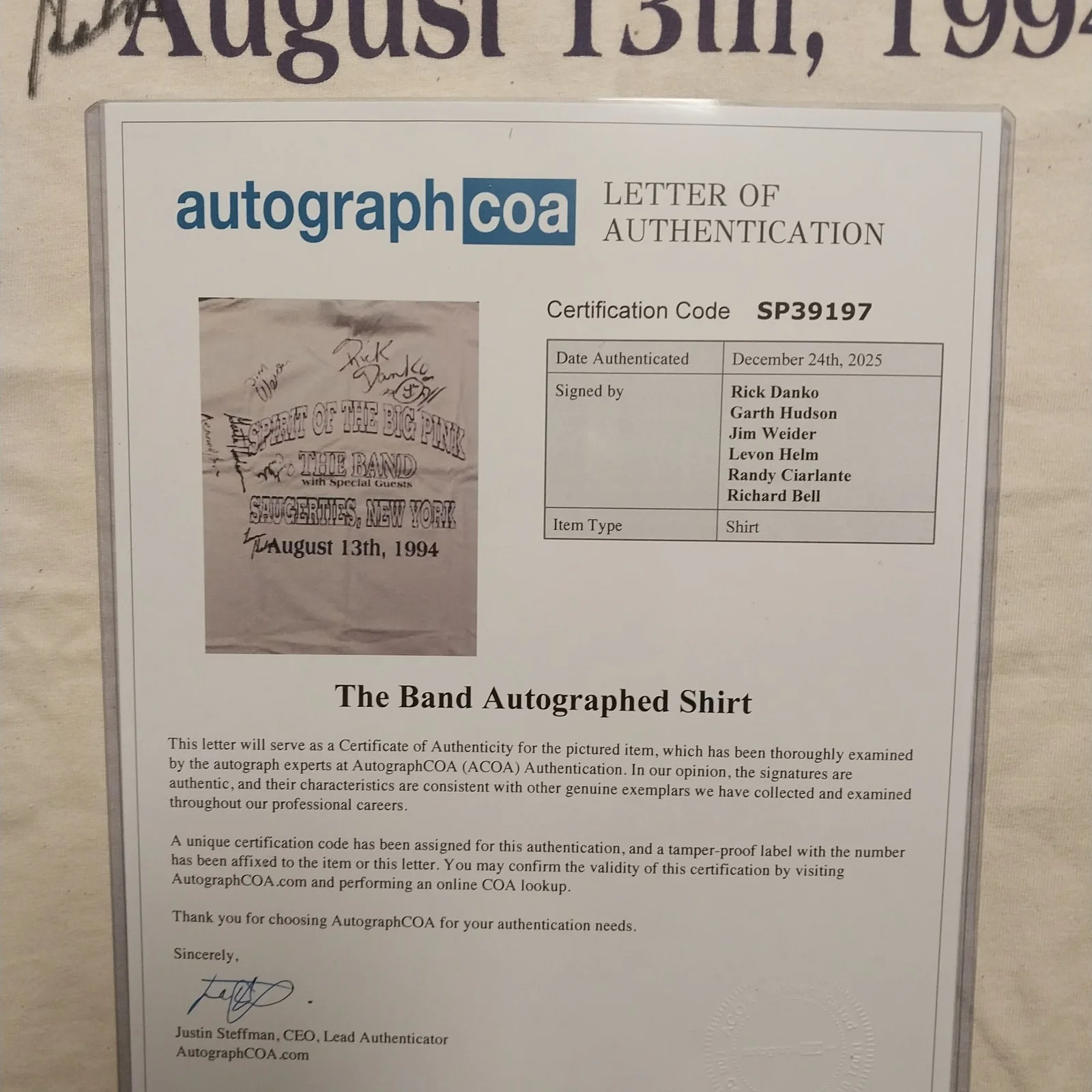 THE BAND signed concert T-shirt with COA Levon Helm, Rick Danko, image 5