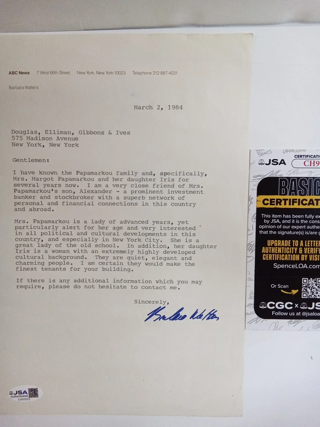 Barbara Walters — Barbara Walters Signed Letterhead ABC NBC News Icon JSA