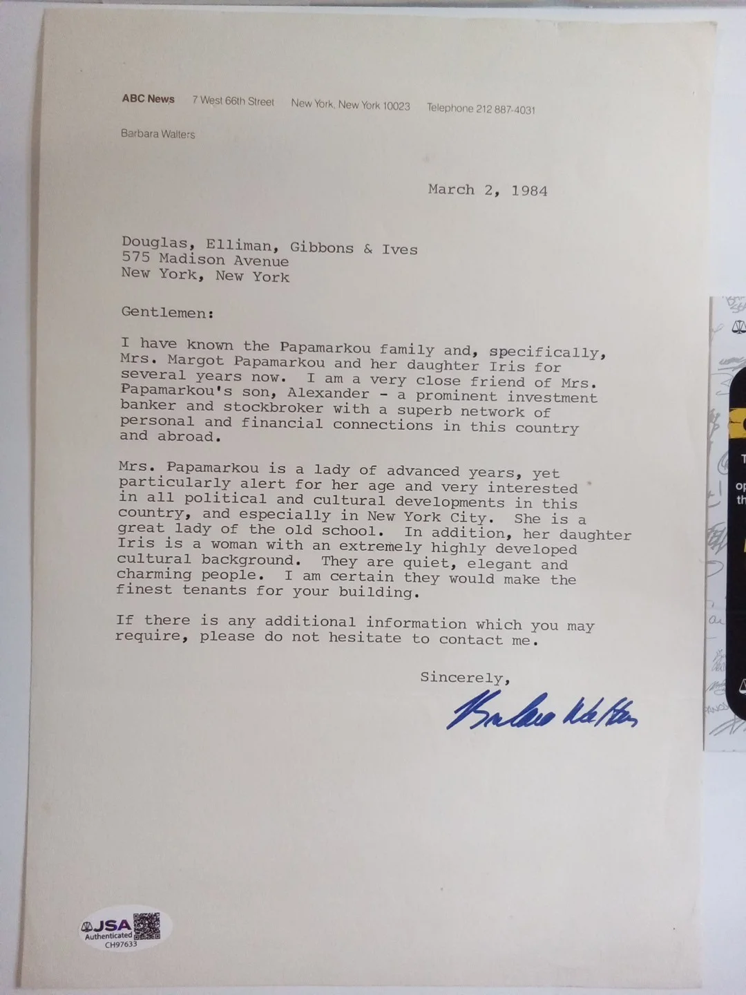 Barbara Walters — Barbara Walters Signed Letterhead ABC NBC News Icon JSA, image 2