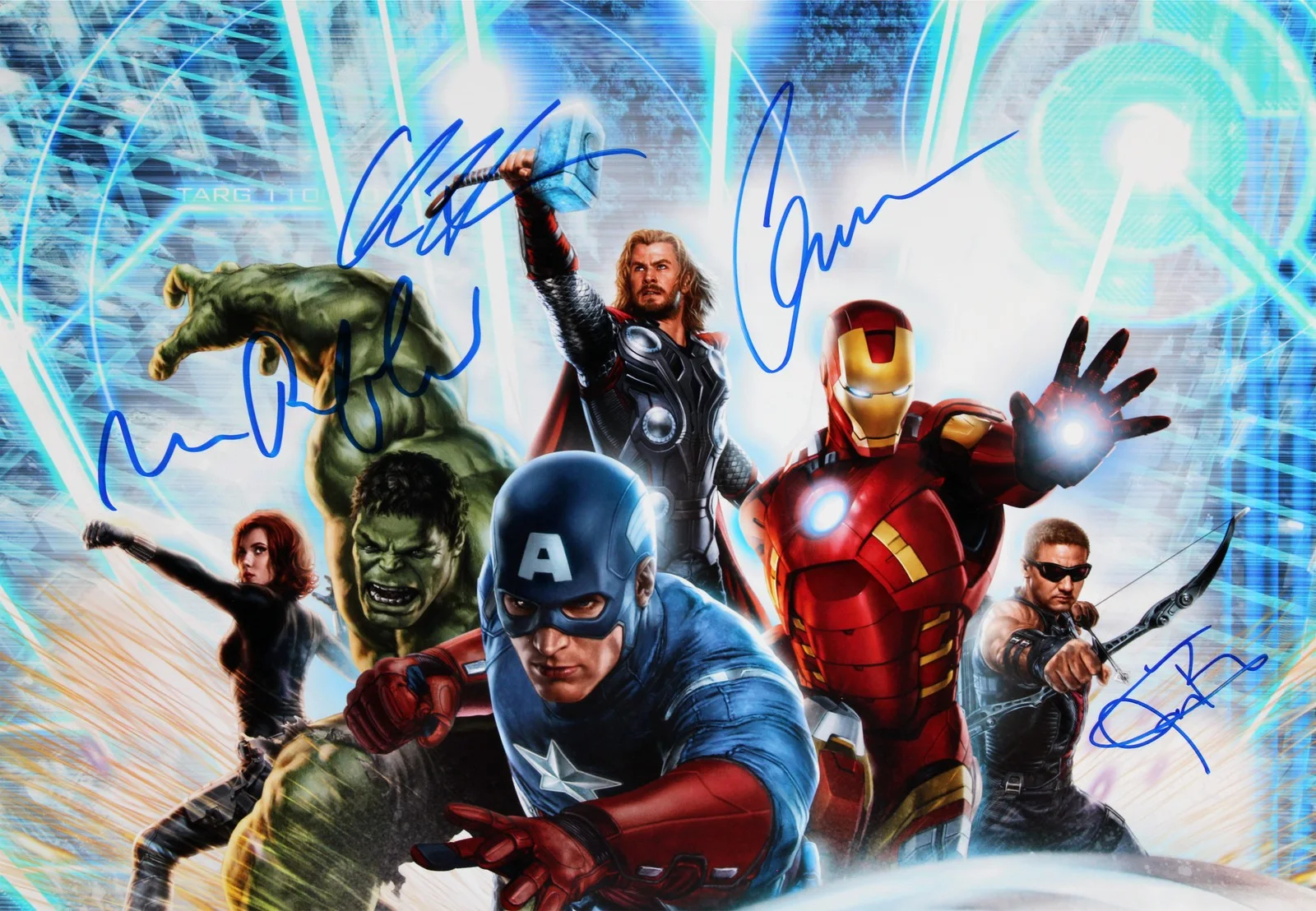 Stan Lee, Chris Evans, Mark Ruffalo, Chris Hemsworth, Jeremy Renn — The Avengers Cast (6) Lee, Evans, Ruffalo, Hemsworth +2 Signed 16x20 Photo BAS, image 2