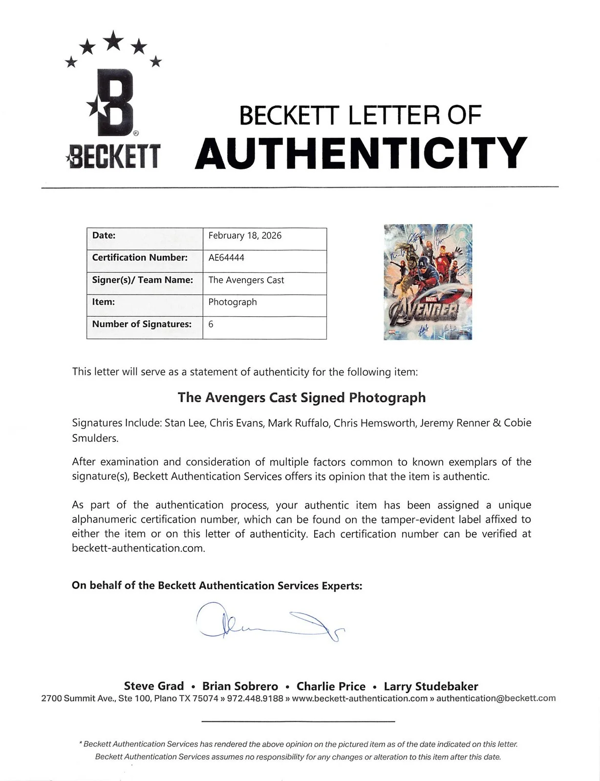 Stan Lee, Chris Evans, Mark Ruffalo, Chris Hemsworth, Jeremy Renn — The Avengers Cast (6) Lee, Evans, Ruffalo, Hemsworth +2 Signed 16x20 Photo BAS, image 4