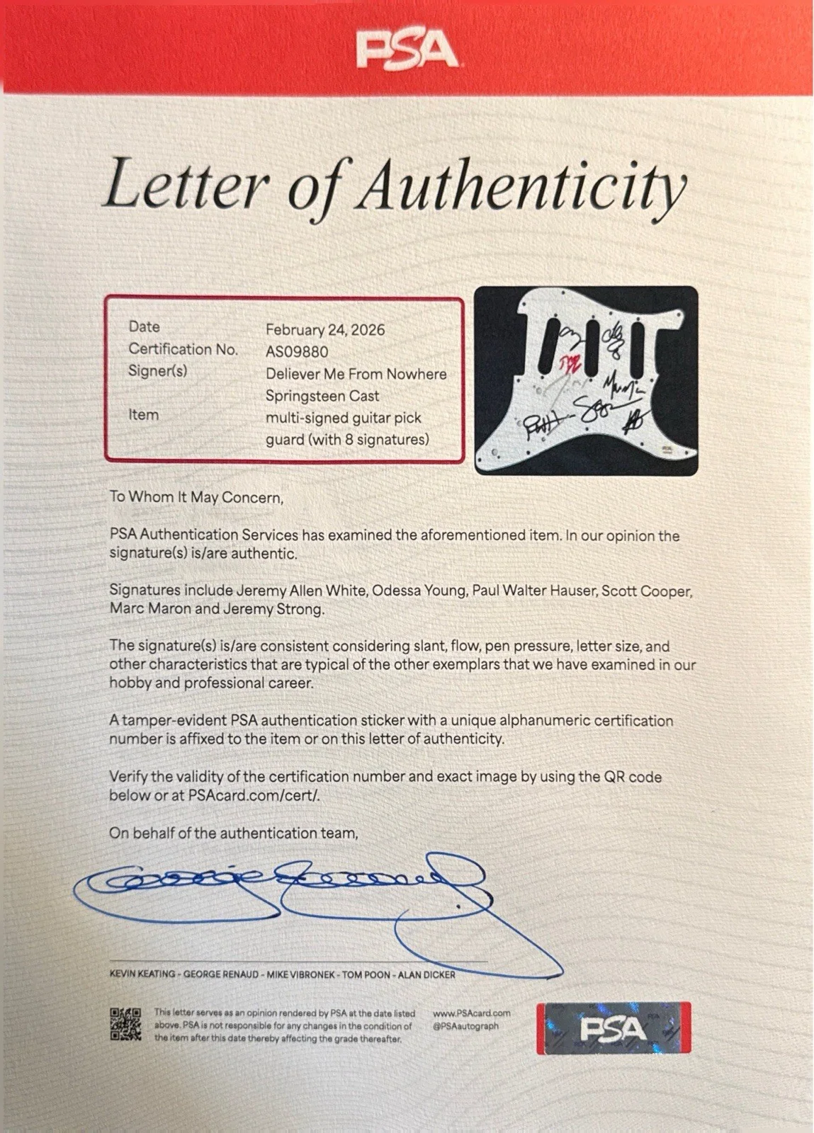 Jeremy White Allen — Jeremy Allen White +5 Autos Signed Guitar Pickguard Springsteen Movie PSA, image 4
