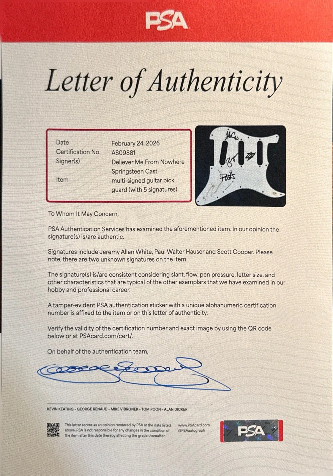 Jeremy White Allen — Jeremy Allen White +2 Autos Signed Guitar Pickguard Springsteen Movie PSA, image 4
