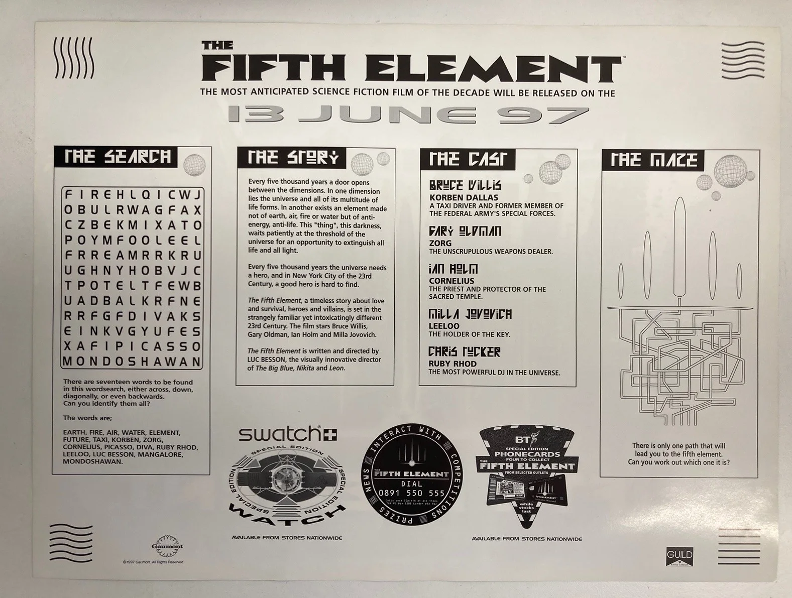 The Fifth Element Bruce Willis Mini Quad Cinema Poster 1997 16” By 12”, image 2
