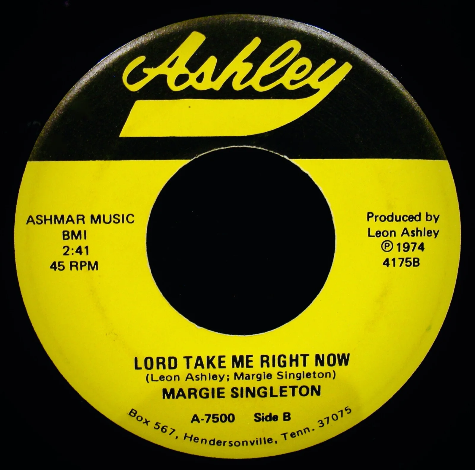 MARGIE SINGLETON Signed Gospel 45 (Rare)~Country Music Star~ASHLEY RECORDS #7500, image 3