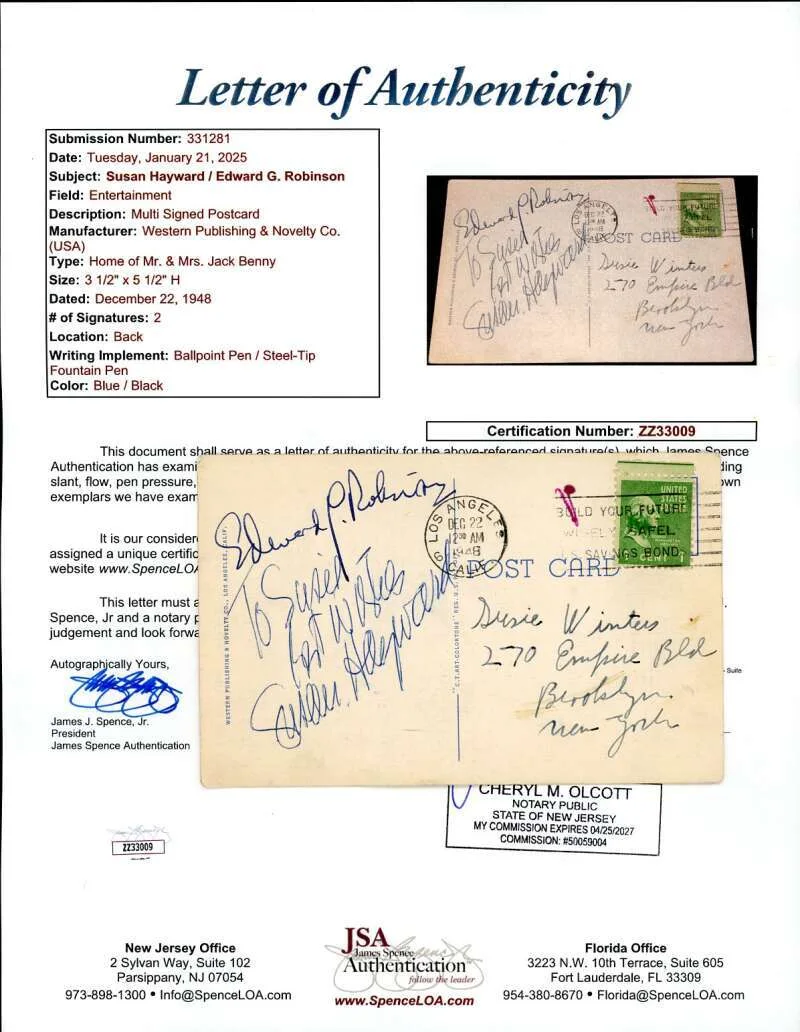 Susan Hayward Edward Robinson — Susan Hayward Edward Robinson JSA Coa Signed 1948 Photo Postcard Autograph