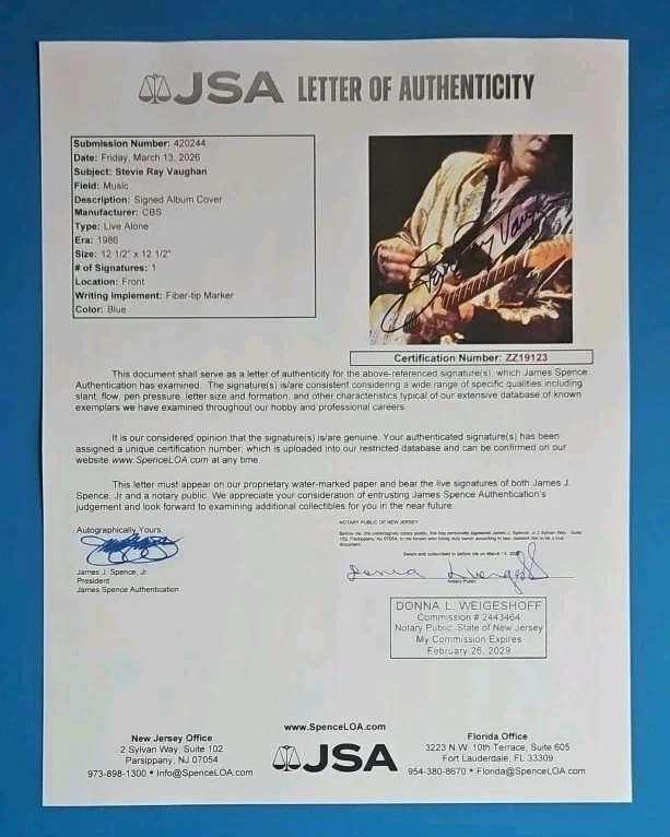 STEVIE RAY VAUGHN SIGNED IN PERSON "LIVE" RECORD ALBUM + JSA COA LOA PHOTO PROOF, изображение 3