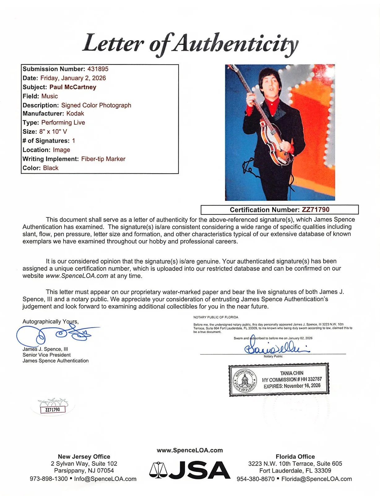 Paul McCartney — Paul McCartney The Beatles Authentic Signed 8x10.5 Vertical Photo JSA #ZZ71790, image 3