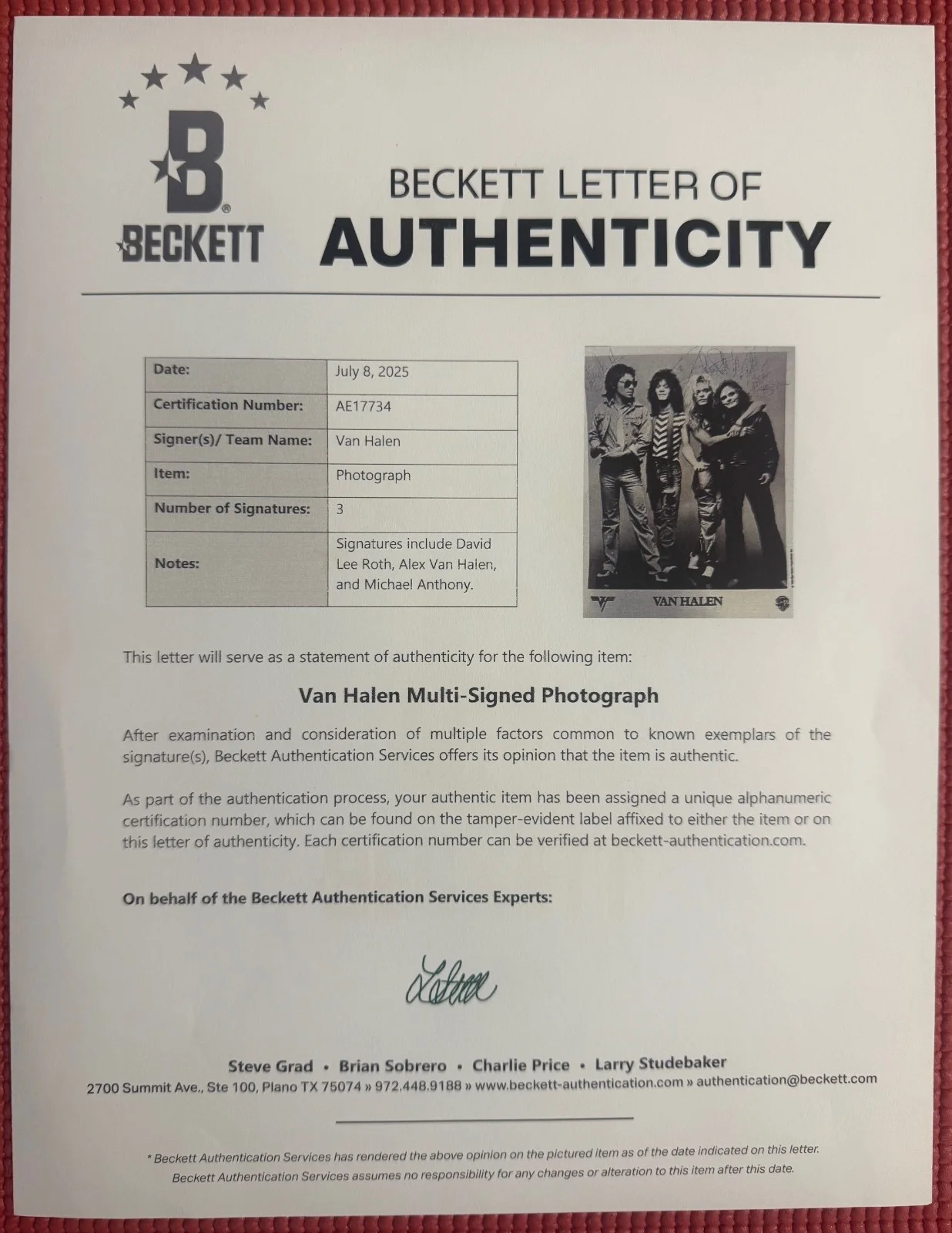 BECKETT LOA signed VAN HALEN x3 autographed 8"x 10" PROMO PHOTO 1981 Roth Era, изображение 5