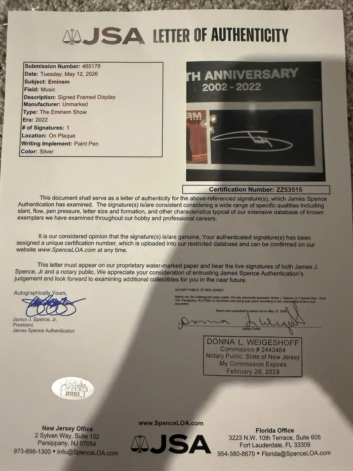 THE EMINEM SHOW FRAMED SHADY RED TIE (SIGNED) / LE /150 / JSA LOA / EMINEM COA, изображение 2