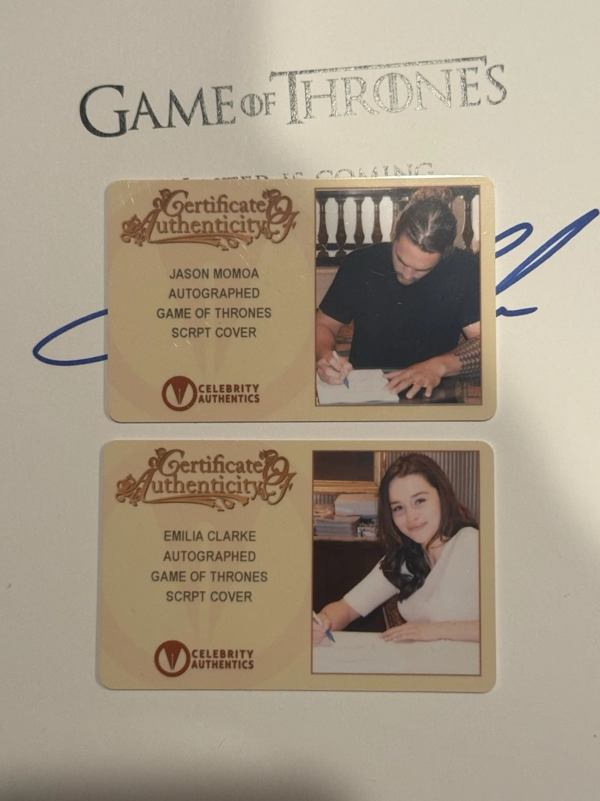 Emilia Clarke and Jason Momoa Autographed Game of Thrones Script Cover, image 2